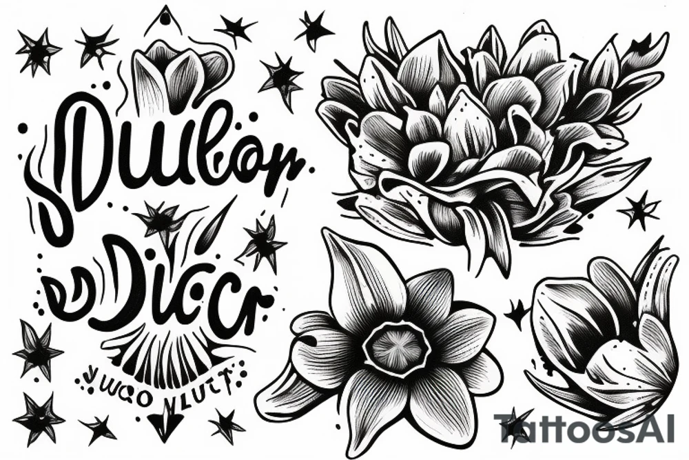 "Non ducor, duco"  quoted in text 
surrounded by lilies and galaxies tattoo idea