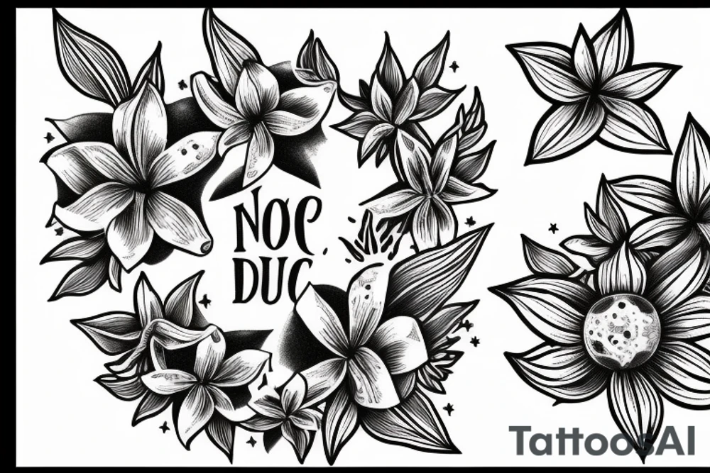 "Non ducor, duco"  quoted in text 
surrounded by lilies and stars tattoo idea