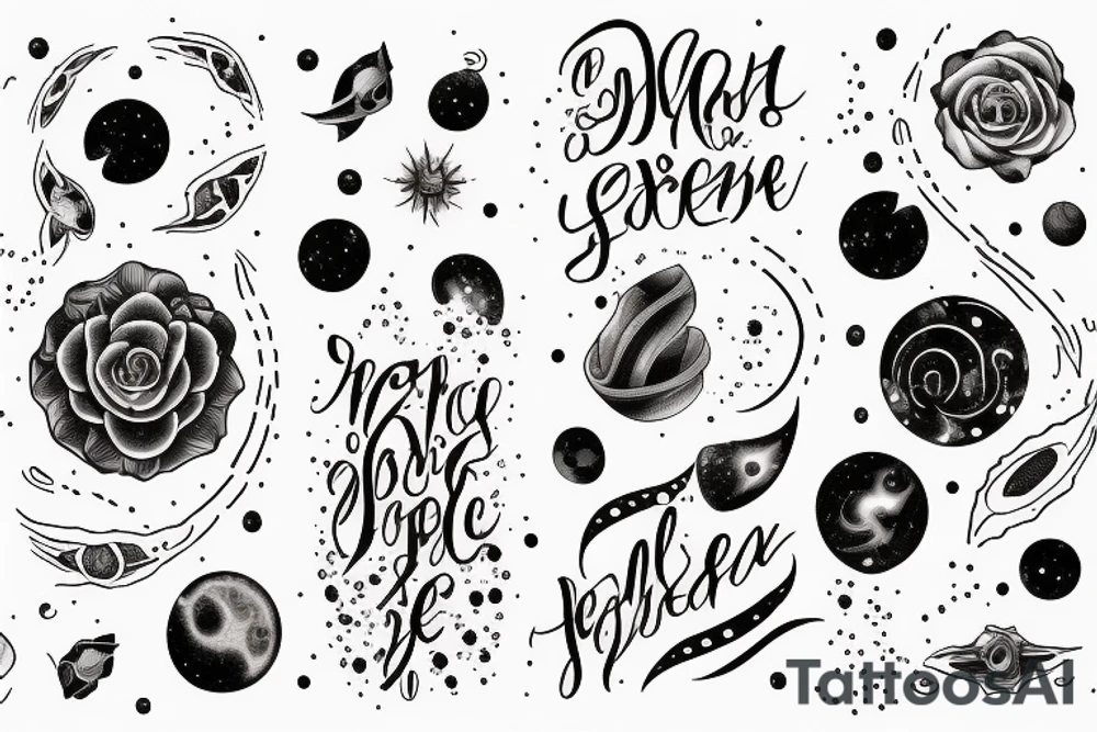 Igne natura renovatur integra in a lyrical font, soft and feminine surrounded by galaxies tattoo idea