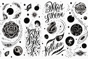 Igne natura renovatur integra in a lyrical font, soft and feminine surrounded by galaxies tattoo idea