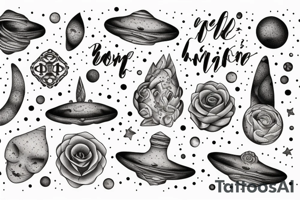 Igne natura renovatur integra in a lyrical font, soft and feminine surrounded by galaxies tattoo idea