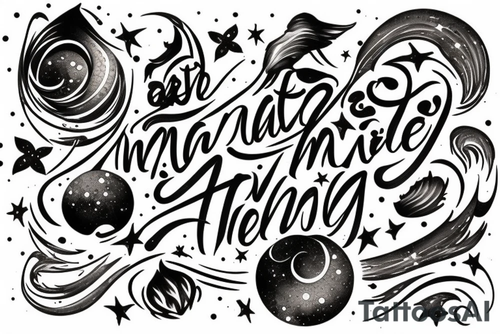 Igne natura renovatur integra in a lyrical font, soft and feminine surrounded by galaxies tattoo idea