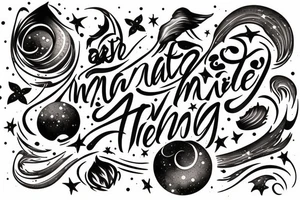 Igne natura renovatur integra in a lyrical font, soft and feminine surrounded by galaxies tattoo idea