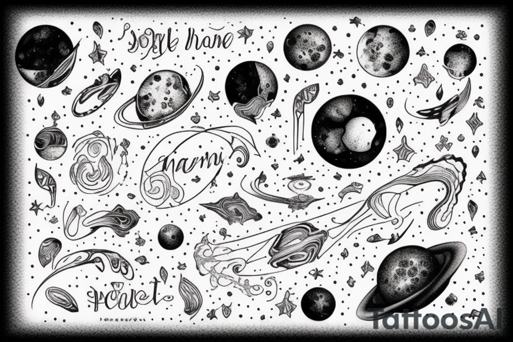 Igne natura renovatur integra in a lyrical font, soft and feminine surrounded by galaxies tattoo idea