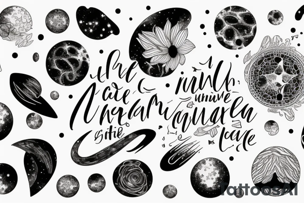 Igne natura renovatur integra in a lyrical font, soft and feminine surrounded by galaxies tattoo idea