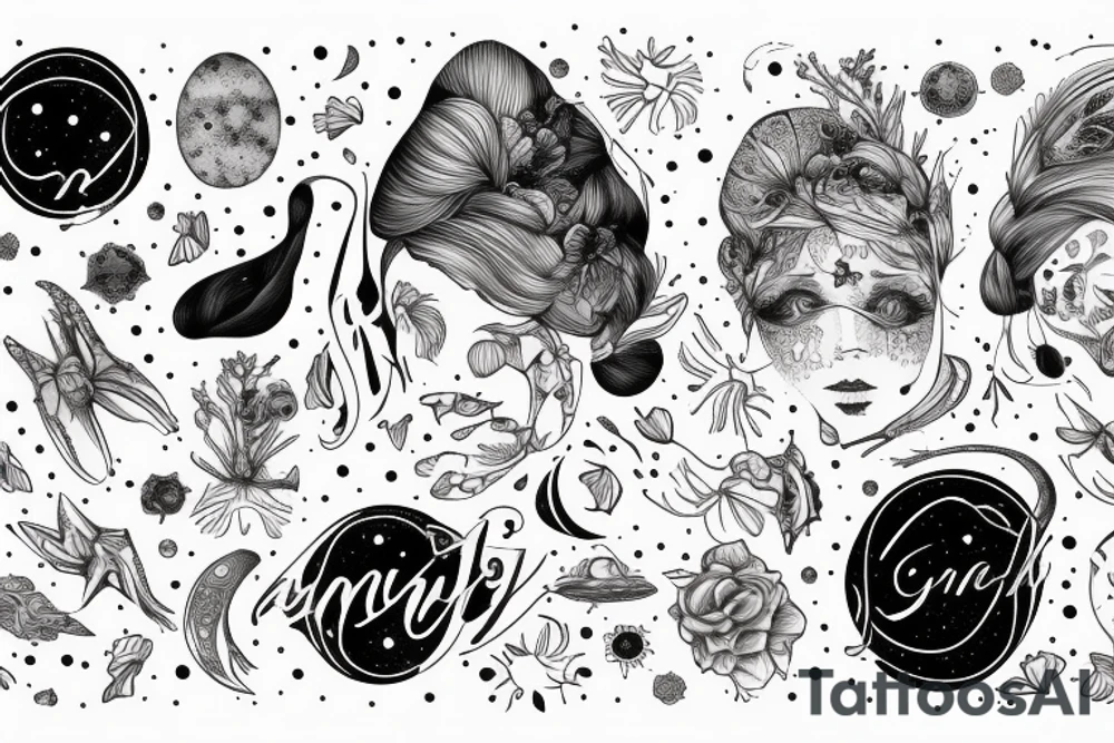 Igne natura renovatur integra in a lyrical font, soft and feminine surrounded by galaxies tattoo idea