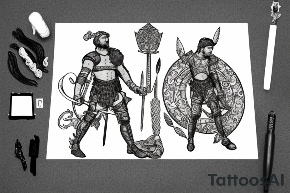 Gladiator in arena consilium capit in quotes with swords and valour with lilies and galaxies tattoo idea
