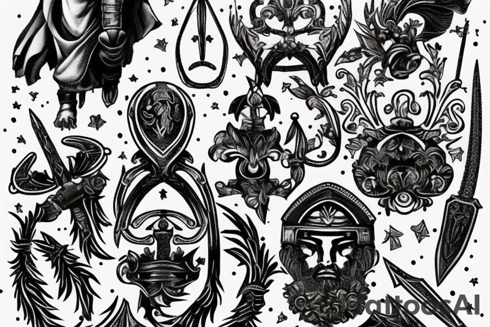 Gladiator in arena consilium capit in quotes with swords and valour with lilies and galaxies tattoo idea