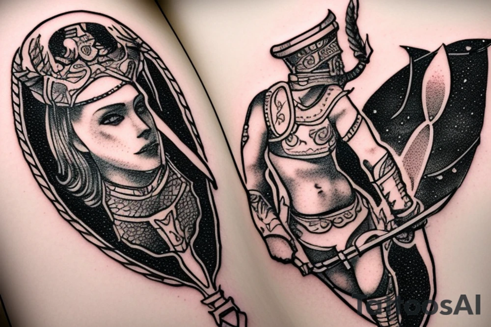 Gladiator in arena consilium capit in quotes with swords and valour with lilies and galaxies tattoo idea