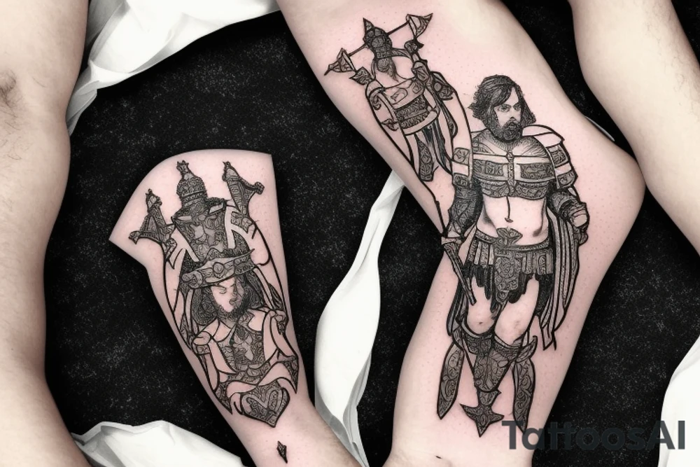 Gladiator in arena consilium capit in quotes with swords and valour with lilies and galaxies tattoo idea