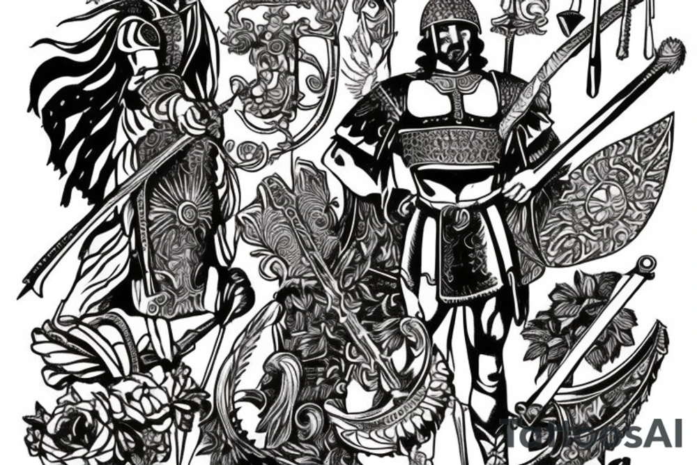 Gladiator in arena consilium capit in quotes with swords and valour with lilies and galaxies tattoo idea