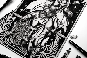 Gladiator in arena consilium capit in quotes with swords and valour with lilies and galaxies tattoo idea