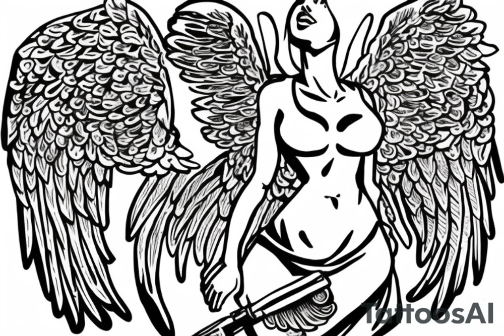 Greek angel with wings holding a ak47 tattoo idea