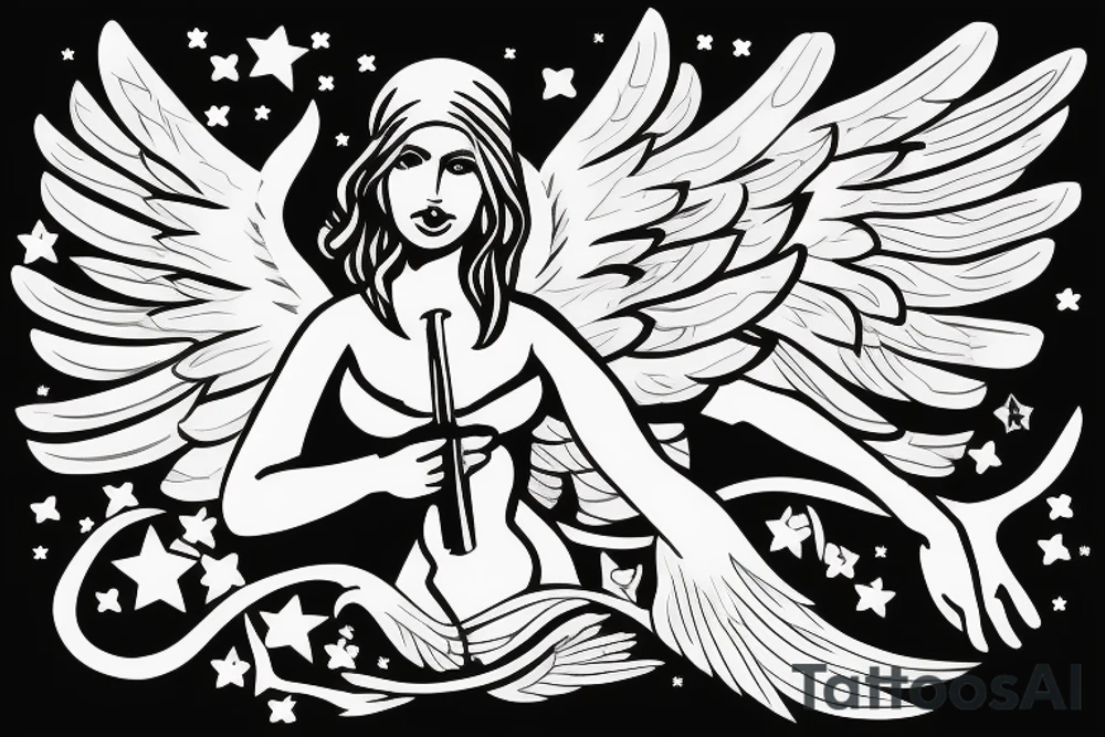Greek make angel with wings holding a ak47 tattoo idea
