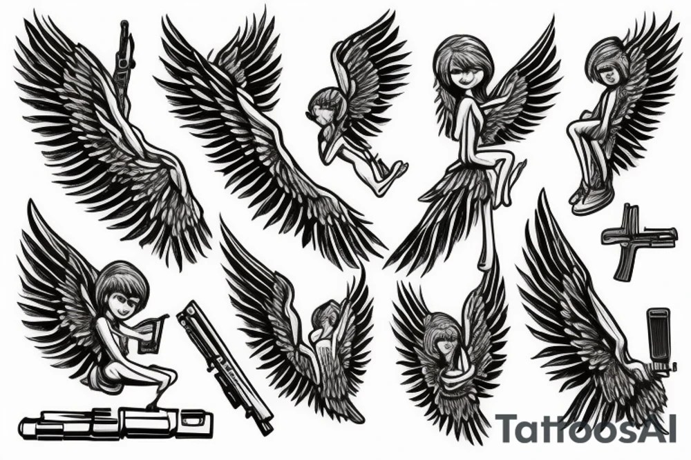 Greek make angel with wings holding a ak47 tattoo idea
