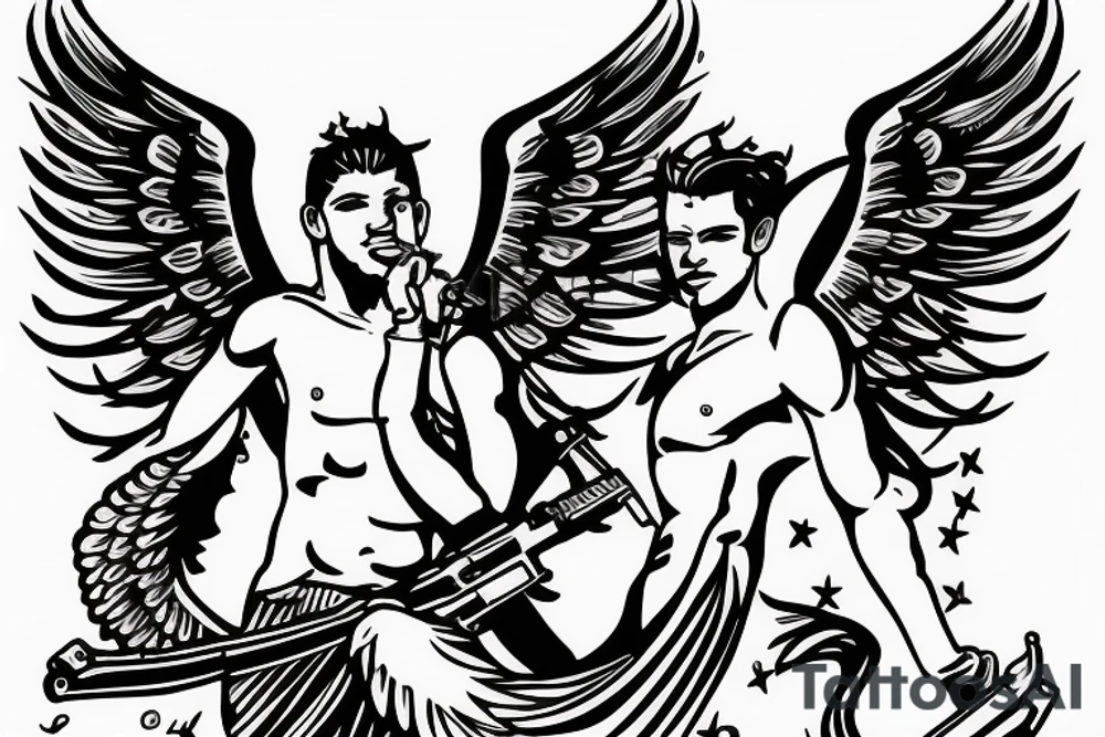 Greek male angel with wings holding a ak47 tattoo idea