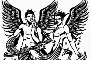 Greek male angel with wings holding a ak47 tattoo idea