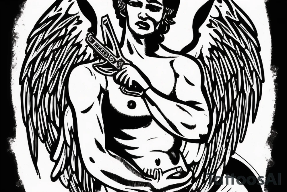 Greek male angel with wings holding a ak47 tattoo idea