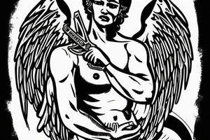 Greek male angel with wings holding a ak47 tattoo idea
