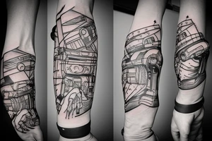 A robotic arm reaching out to grasp a rock climber's hand tattoo idea