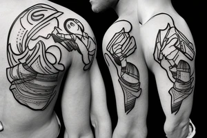 A rock climber scaling a mountain with coding symbols as handholds tattoo idea