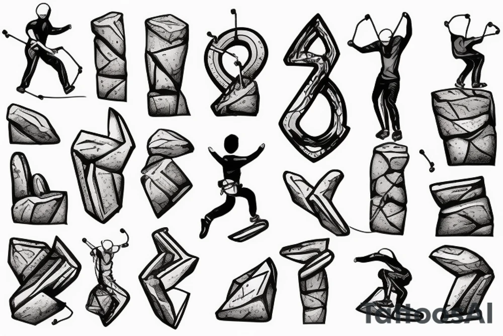 A rock climber scaling a mountain with coding symbols as handholds tattoo idea