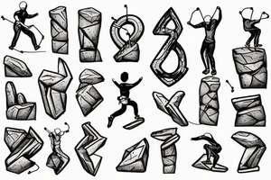 A rock climber scaling a mountain with coding symbols as handholds tattoo idea