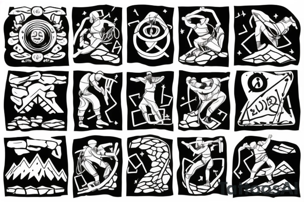 A rock climber scaling a mountain with coding symbols as handholds tattoo idea