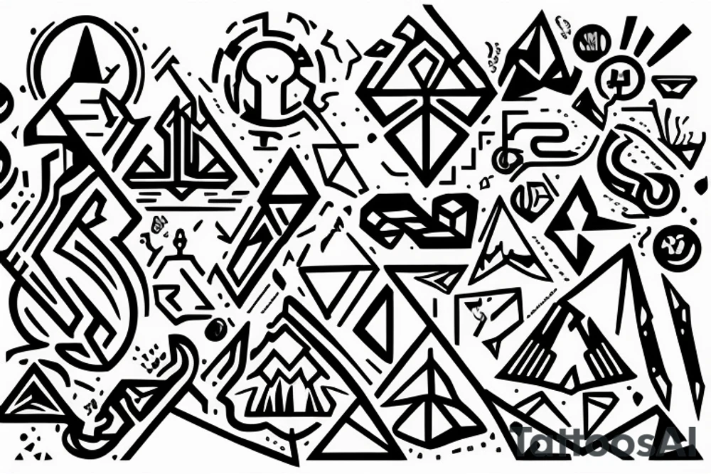 A rock climber scaling a mountain with coding symbols as handholds tattoo idea