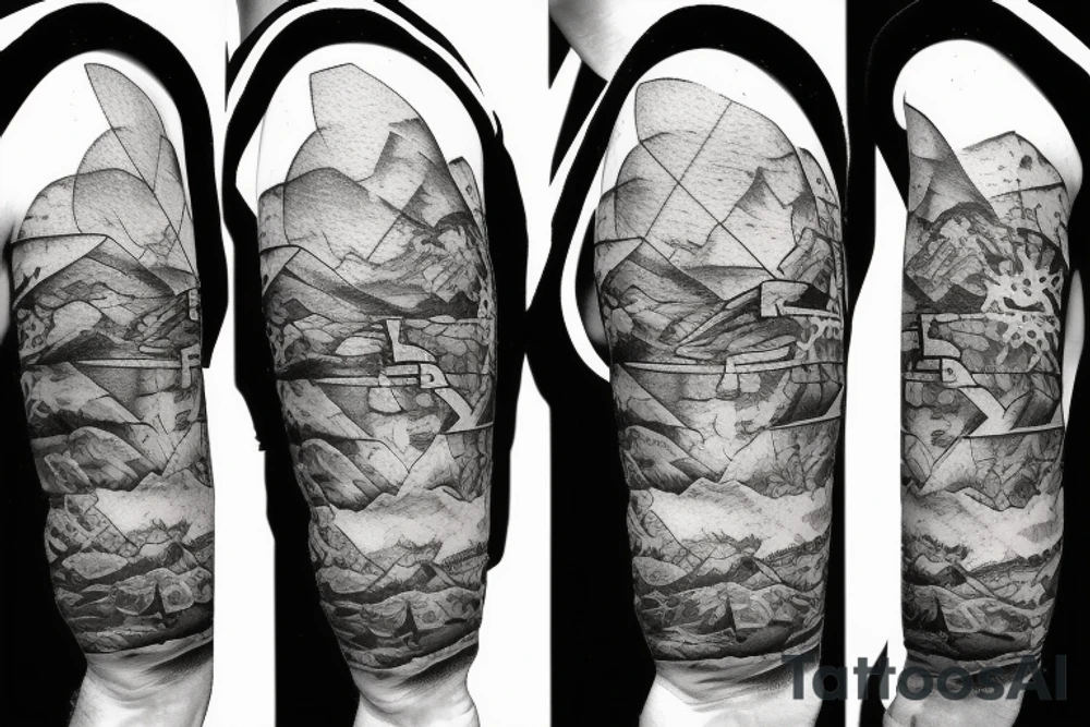 A rock climber scaling a mountain with coding symbols as handholds tattoo idea