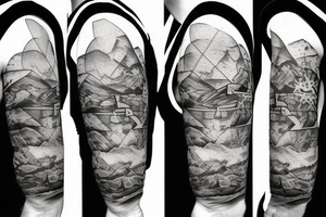 A rock climber scaling a mountain with coding symbols as handholds tattoo idea