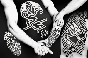 A rock climber scaling a mountain with coding symbols as handholds tattoo idea