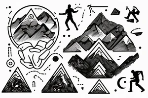 A rock climber scaling a mountain with coding symbols as handholds tattoo idea
