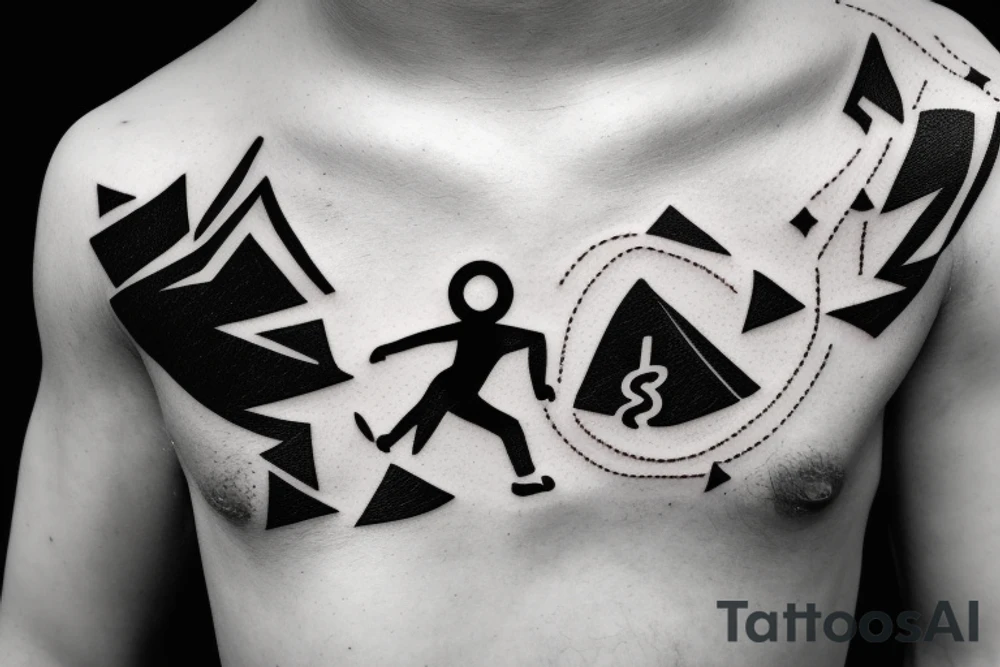 A rock climber scaling a mountain with coding symbols as handholds tattoo idea