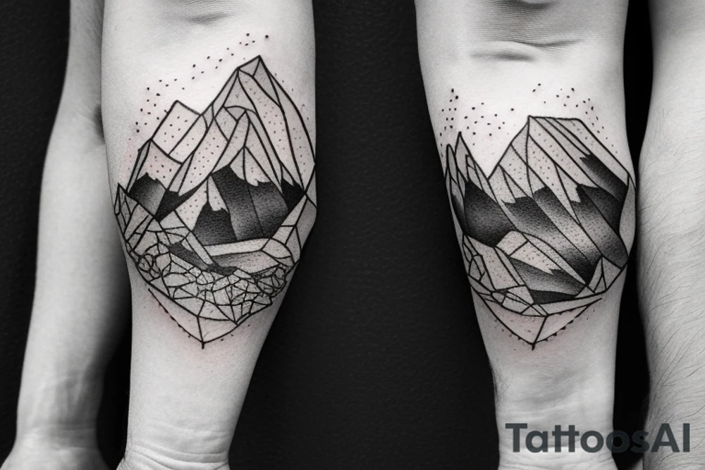 A rock climber scaling a mountain with coding symbols as handholds tattoo idea