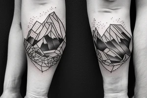 A rock climber scaling a mountain with coding symbols as handholds tattoo idea