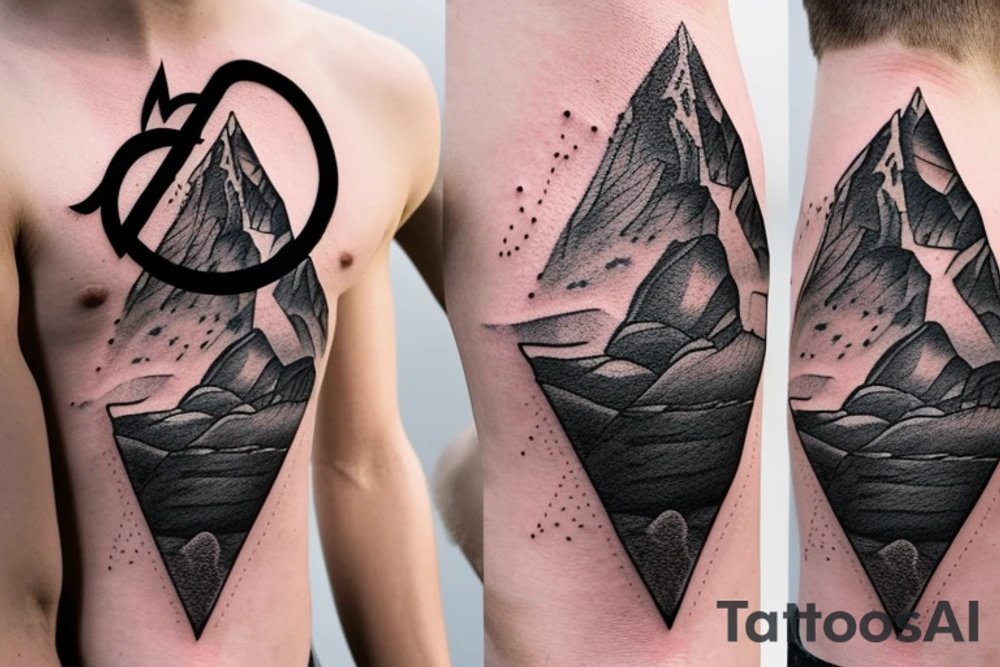 A rock climber scaling a mountain with coding symbols as handholds tattoo idea