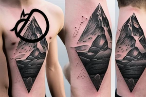 A rock climber scaling a mountain with coding symbols as handholds tattoo idea