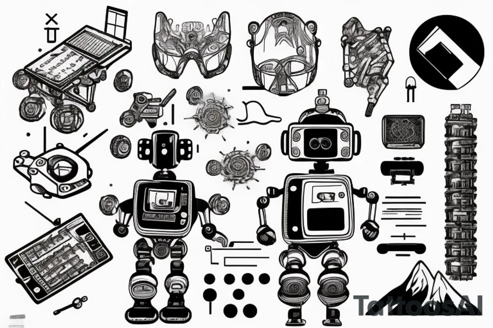 An engineer controlling a robot using ROS while mountain biking tattoo idea