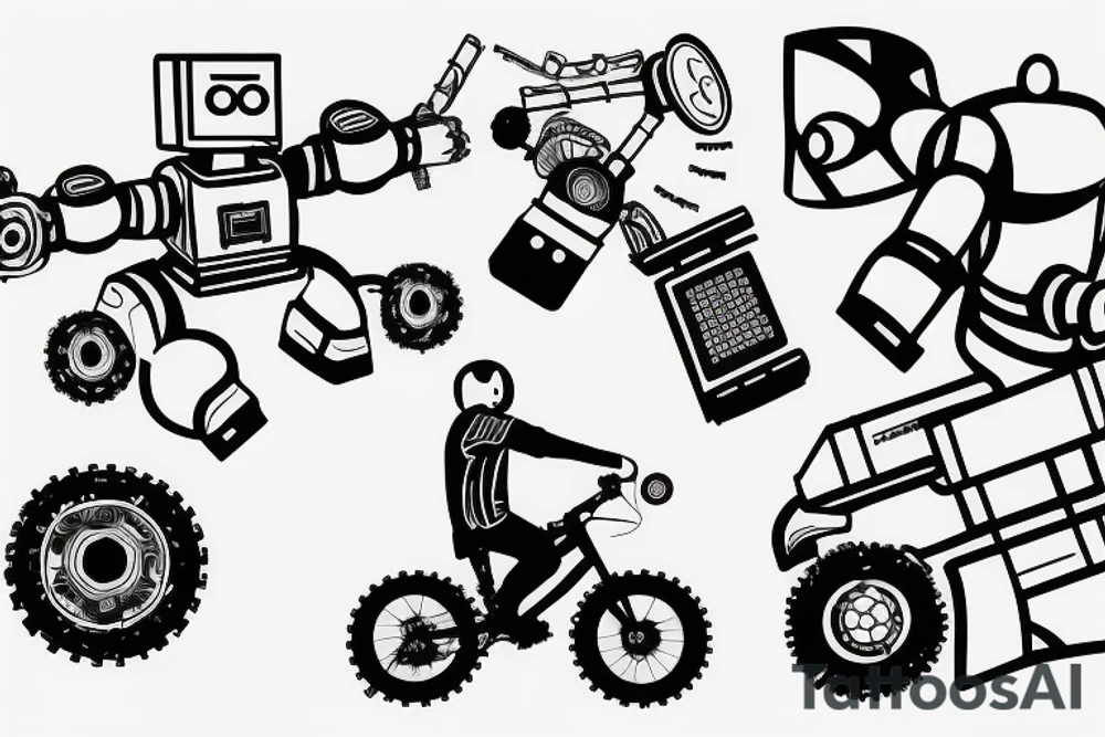 An engineer controlling a robot using ROS while mountain biking tattoo idea