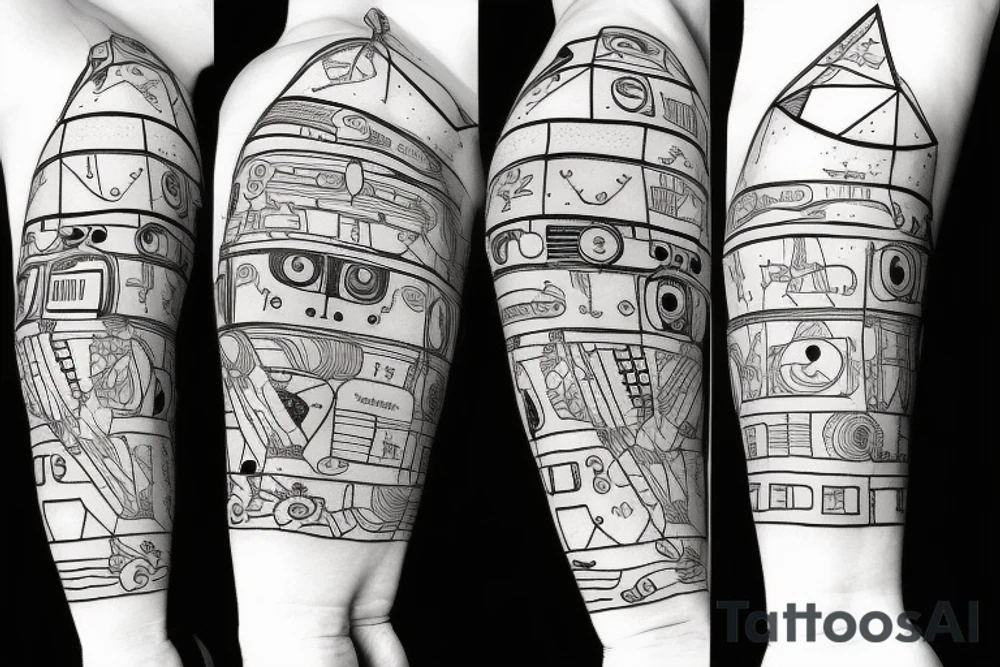 A robot rock climbing in a blackwork style tattoo idea
