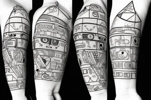 A robot rock climbing in a blackwork style tattoo idea
