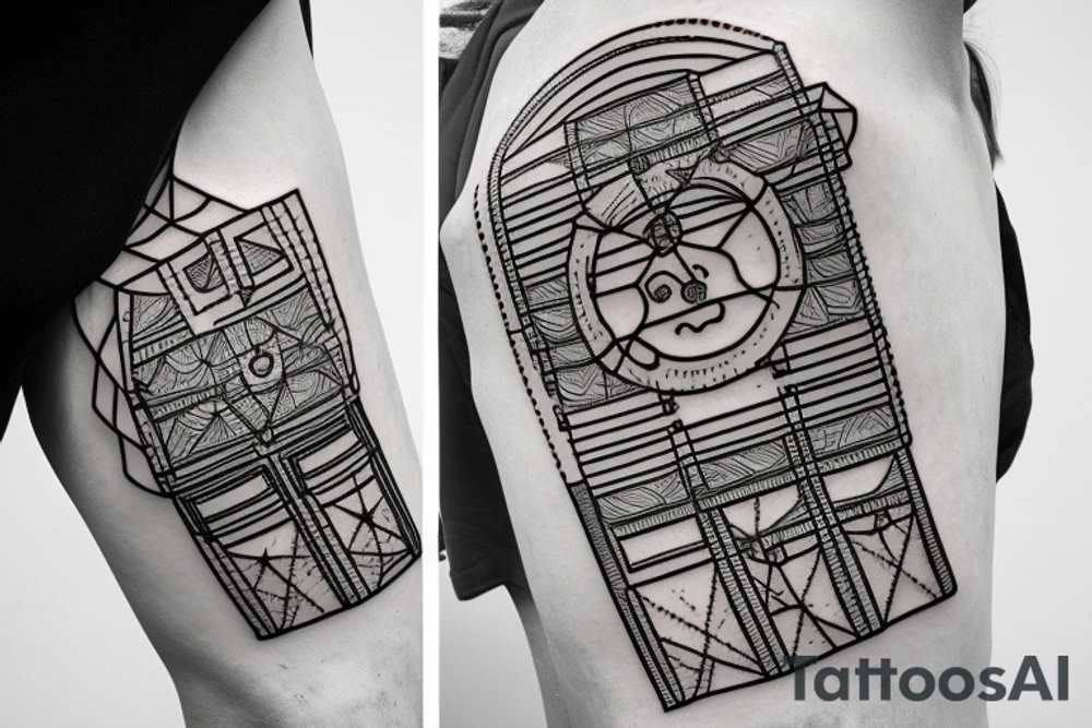 A robot rock climbing in a blackwork style tattoo idea