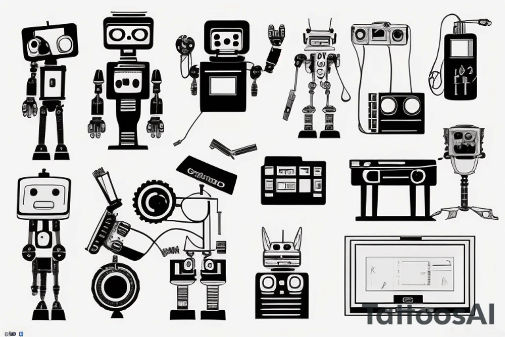 A sketch of a robot engineer working on a computer tattoo idea