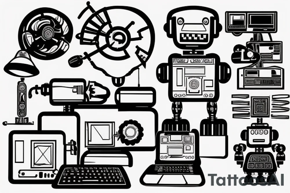 A sketch of a robot engineer working on a computer tattoo idea