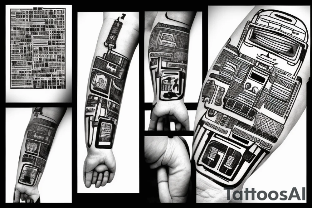 A robot arm holding a code script tattoo idea A robot arm holding a code script tattoo idea