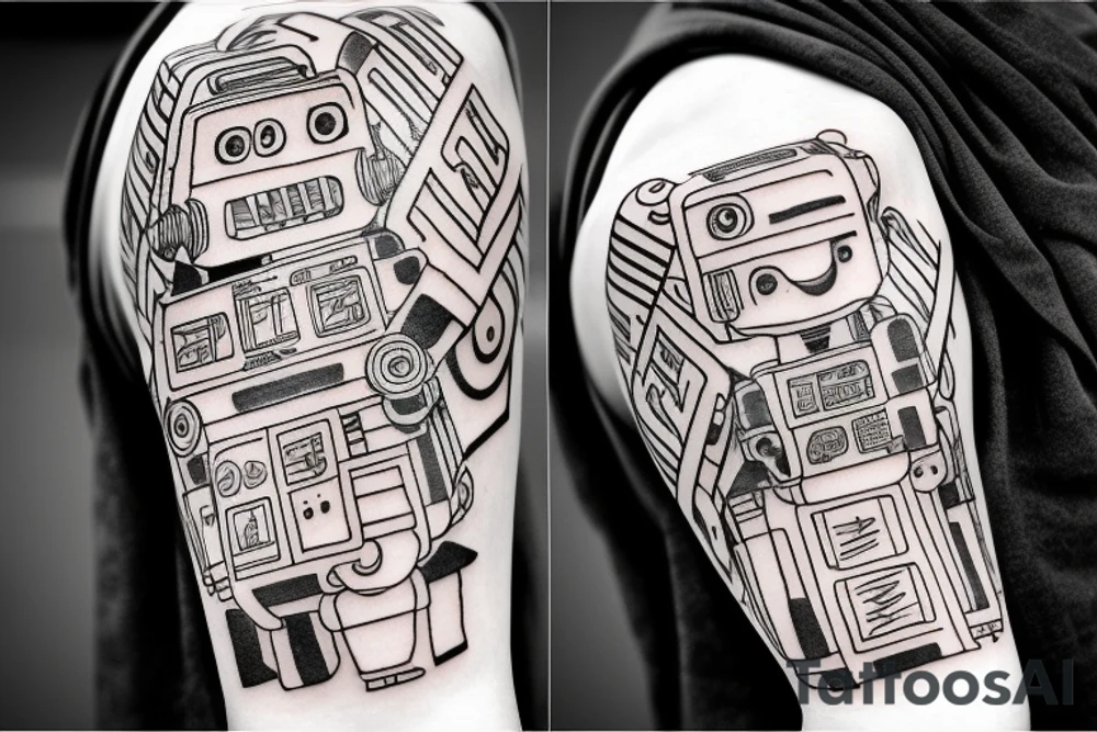 A robot arm holding a code script tattoo idea A robot arm holding a code script tattoo idea