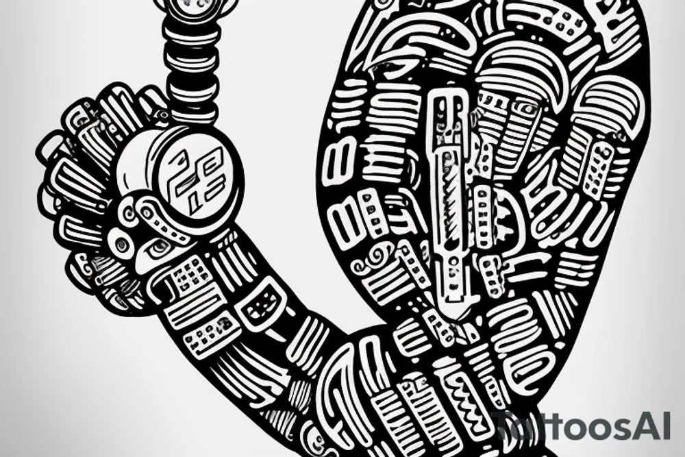 A robot arm holding a code script tattoo idea