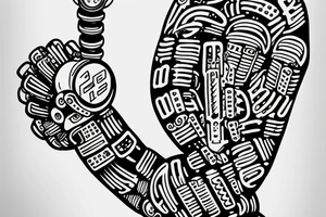 A robot arm holding a code script tattoo idea