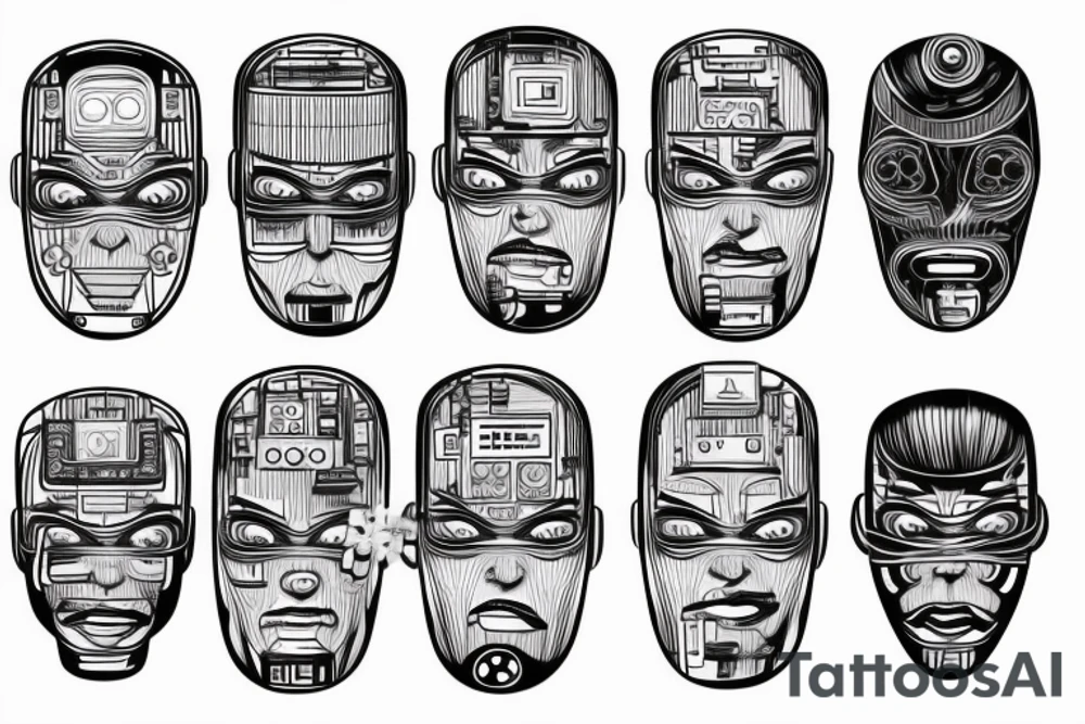A robot face with coding lines forming its features tattoo idea